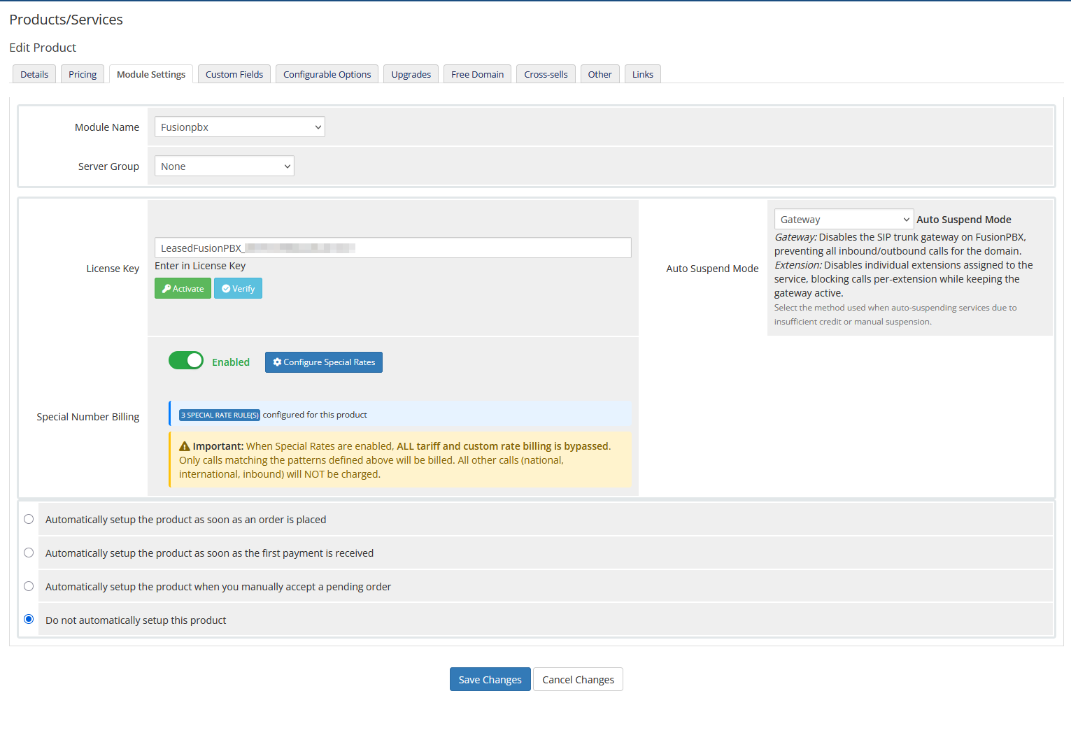 Special Number Billing Product Module Setting
